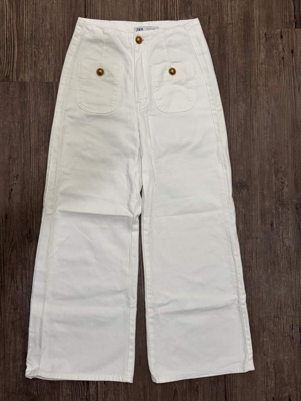 Zara Cream Wide-Leg High-Rise Pants with Front Patch Pockets